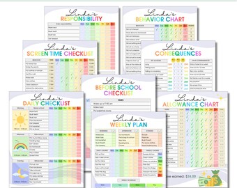 Chore Chart Set for Kids Reward, Allowance, Screen time, School Routine, Behavior Chart, Consequences, Daily Checklist, Weekly Chores