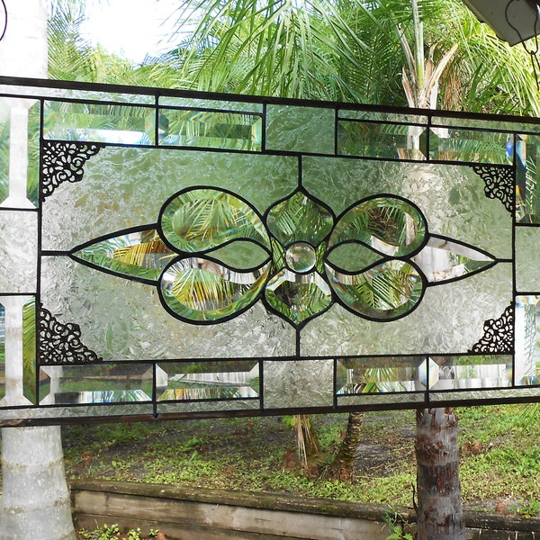 Beveled Stained Glass Panel, Traditional Crystal / Frosted Stained Glass Transom Window, Vintage Stained Glass Window, Antique Glass Valance