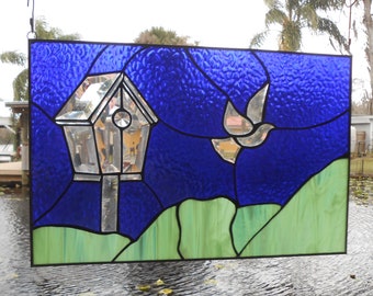 Garden scene beveled panel, Birdhouse stained glass panel, Bird house garden stained glass, garden flag, suncatcher