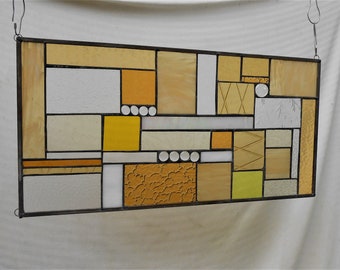 Large Stained Glass Panel, Gold / Amber Textured Glass, Patchwork Stained Glass Window, Glass Transom Window Valance,  Geometric Mixed Media
