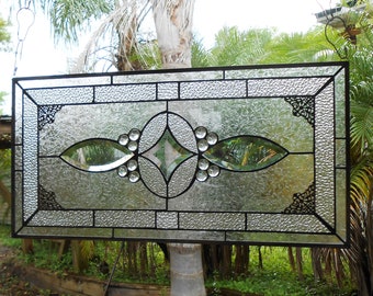 Traditional Vintage Look Bevel & Stained Glass Panel, Antique Home Decor Window Transom, Stained Glass Window Panel, Handmade Glass Valance