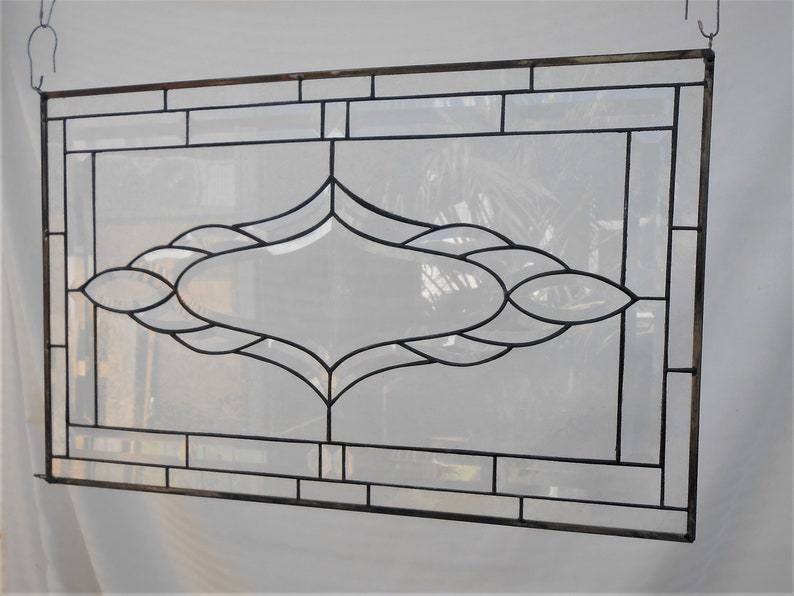 Large Traditional Vintage Look Window Treatment w/ Bevel accents, Glass Window Valance, Stained Glass Transom, Victorian Stained Glass Panel image 8