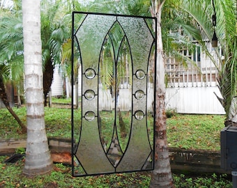 Beveled Stained Glass Window Panel, Vintage Transom Sidelight, 24x12