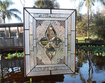 Vintage Style Stained Glass Window Panel, Frosted Beveled Transom, 18x14