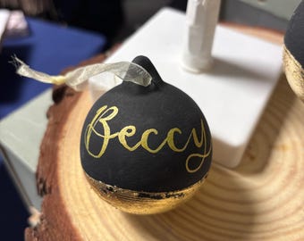 Personalised Christmas Bauble: Hand-Lettered Ceramic Ornament with Gold Leaf
