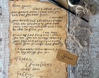 Personalised Handwritten Letter from Father Christmas, Vintage Calligraphy Santa Letter, Aged Paper Christmas Keepsake, Dip pen and ink