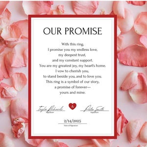 Könnte beinhalten: Eine weiße Karte mit rotem Rand, auf der der Text "OUR PROMISE" und eine romantische Botschaft über Liebe, Vertrauen und Engagement stehen. Die Karte ist von "Taylor Richards" und "Peter Smith" mit dem Datum "2/14/2025" signiert.