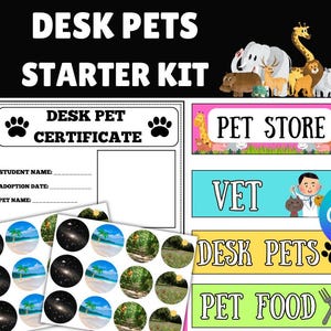May include: A Desk Pets Starter Kit with a certificate, stickers, and signs for a pet store, vet, and pet food. The kit features illustrations of various animals, including a giraffe, elephant, and rhino. The Canva logo is visible.