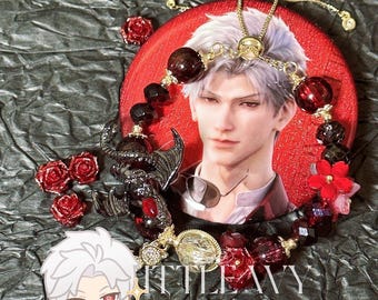 Heavy-duty Sylus Abyss liniaalarmband, gotische glaskraal anime-sieraden, verstelbaar zwart rood statement handgemaakt