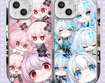 May include: Two phone cases with anime-style illustrations. One case features pink-haired characters with red eyes, while the other showcases blue-haired characters with blue eyes. The cases have a clear border and the text "SD COOL".