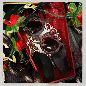 Puede incluir: Un par de gafas de sol ornamentadas con lentes rojo oscuro y una montura decorativa, colocadas en una caja roja con rosas artificiales y un adorno en forma de serpiente. Est&eacute;tica g&oacute;tica o fant&aacute;stica.