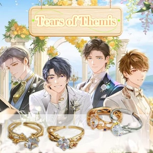 Puede incluir: Imagen con cuatro personajes masculinos de estilo anime en vestimenta formal, con un letrero que dice "Tears of Themis". Debajo, se muestran tres anillos, dos dorados y uno plateado, cada uno con una gran piedra preciosa clara.