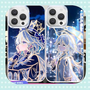 May include: Two phone cases with anime-style illustrations. One shows a character in a hat and crown, the other with an umbrella. Both have a blue and gold colour scheme with a cityscape background.