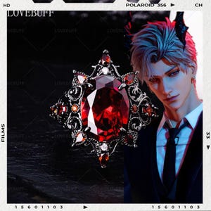May include: A dark, ornate brooch with a large, oval, red gemstone at its center. The brooch has a detailed, filigree design with smaller red and clear accent stones. The image is framed with a Polaroid-style border.