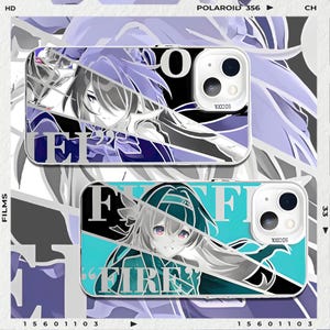 Könnte beinhalten: Zwei Handyhüllen mit Anime-Charakter-Designs. Eine Hülle hat ein lila-schwarzes Design mit dem Wort "FIRE". Die andere Hülle hat ein türkis-schwarzes Design mit dem Wort "FIRE". Beide Hüllen haben ein weißes Kameramodul.