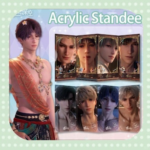 May include: An acrylic standee featuring a male character with a floral hair accessory and ornate jewelry. The standee has a green and white border with the text "Acrylic Standee". Additional images of male characters are also displayed.