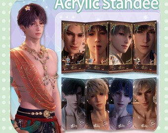 Puede incluir: Un expositor acrílico con un personaje masculino con un accesorio floral para el cabello y joyas ornamentadas. El expositor tiene un borde verde y blanco con el texto "Acrylic Standee". También se muestran imágenes adicionales de personajes masculinos.