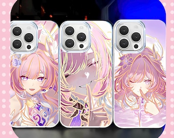 May include: Three phone cases with anime-style illustrations. Each case features a different image of a character with pink hair and purple eyes. The cases have a clear border and a glossy finish.
