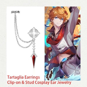 May include: Silver-colored clip-on and stud earring with a chain and a red gem. The earring features a decorative design with a cross-like shape and a dangling red gem. Text on the image reads "Tartaglia Earrings Clip-on & Stud Cosplay Ear Jewelry."