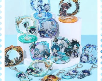 Genshin Impact 6cm shaker Keychain & Rotating Stand, Furina Venti Wanderer Tartaglia Xiao Desktop Decor