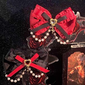 Love and Deep Space, Haarschleife-Schwarz & Rot, Romantische Victorian Pastelgoth Goth Princess Fashion Lolita, Jirai Kei Bow Hair Clip Fairy Kei Decora