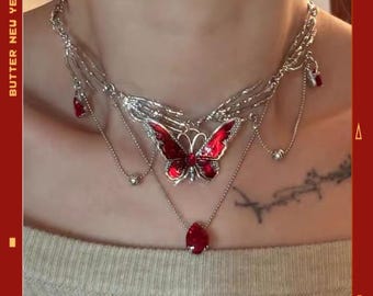 Heaven Official's Blessing Hua Cheng Butterfly Necklace, TGCF Enamel Layered Chain, Red Gem Collarbone Jewelry