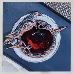 Puede incluir: Broche detallado con dos p&aacute;jaros posados alrededor de una gema facetada de color rojo intenso. Los p&aacute;jaros y el engaste tienen un acabado en bronce y negro, sobre una base plateada. Una joya llamativa.