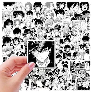 May include: A collection of black and white anime stickers featuring various characters. A hand holds a square sticker with a detailed manga illustration. The stickers showcase diverse anime figures, with some text in Japanese.