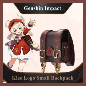 May include: A brown Klee Logo Small Backpack with gold-colored buckles and straps. The backpack has a rectangular shape with a curved top and a small pocket on the back. The text "Genshin Impact" and "Klee Logo Small Backpack" are displayed.
