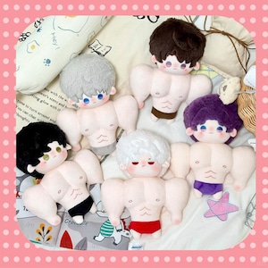 May include: A collection of plush dolls with muscular bodies and various hairstyles. Each doll has a detailed face and is wearing different colored briefs. The dolls are arranged on a patterned surface with a pink border.