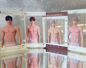 May include: Four clear acrylic photo holders featuring illustrations of muscular male figures. Each holder has a different design, with text including "Zayne", "Rafayel", "LOVE AND DEEP SPACE", and "Instagram". The figures are partially draped in light pink towels.