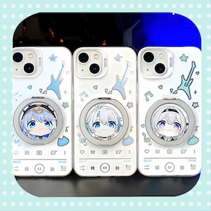May include: Three white phone cases with anime-style character art, a guitar, and music notes. Each case has a silver ring holder with a character illustration. The cases have a music player interface design with play, pause, and skip buttons.