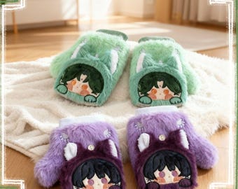 Genshin Impact Xiao Scaramouche Plush Gloves, Half Finger Fleece Gloves, Handmade Embroidery, Anime Cosplay Gift
