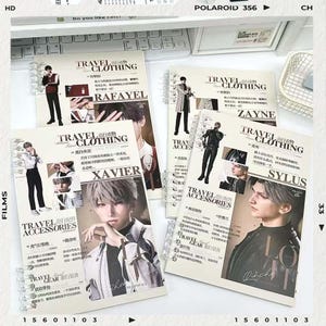 May include: A collection of fashion magazine-style notebooks featuring male models. Each notebook cover displays a model's image, the words "TRAVEL CLOTHING" and "TRAVEL ACCESSORIES" in English and Chinese characters. The notebooks are spiral-bound.