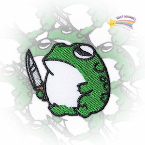 Frog with Knife Embroidered Patch – Threatening Frog Meme Iron On Patch for Backpack, Cottagecore Vibes Patch for Funny Gift Lovers