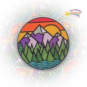 Sunrise Mountain Embroidered Patch – Colorful Adventure Iron On Patch For Hikers, Traveler, Jackets, Bags, Scenic Outdoor Themed DIY Decor