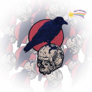 Crow On Skull Embroidered Patch – Gothic Punk Iron On Patch for Clothes, Halloween Decor, Backpack Applique, Witchcore Style