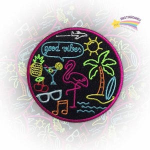Good Vibes Embroidered Patch – Flamingo Neon Sign Iron On Patch For Clothes, Jackets, Beachwear, Fun Retro Aesthetic DIY Summer Accessorie