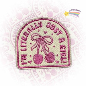 Just a Girl Cherry Embroidered Patch – Feminine Pink Iron On Patch for Backpack or Jacket, Aesthetic Patch for Teen Girls, Cute Gift Idea