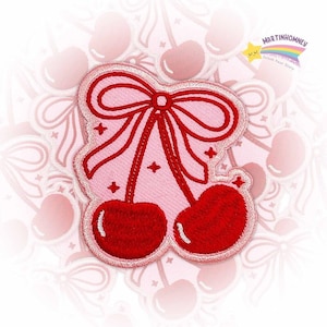 Cute Cherries With Bow Embroidered Patch – Kawaii Iron On Patch For Jacket, Backpack, Pink Strawberry Girl Aesthetic Clothes & Y2K Gift