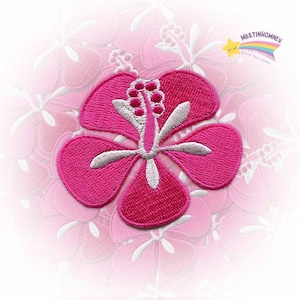 Pink Hibiscus Embroidered Patch – Tropical Floral Iron On Badge for Summer Outfits, Boho Jackets, Beach Bags, or Hawaiian Looks