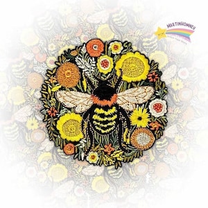 Bee and Flowers Embroidered Patch - Iron On Sew On Bumble Bee Patch for Clothes Jacket Bag, Nature Insect Patch, Garden Lover Gift