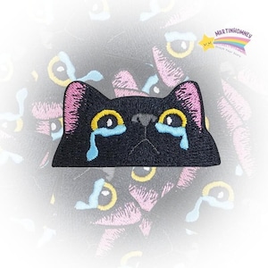 Crying Black Cat Embroidered Patch - Cute Sad Iron On Patch for Clothes, Funny Cat Lover Gift, DIY Badge for Jackets, Bags, Accessories