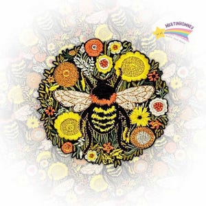 Bee And Flowers Embroidered Patch – Bright Garden Iron On Patch With Yellow Floral Design For Backpacks, Vests, Jackets And Nature Fans