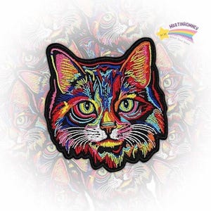 Bunte Katze gestickter Aufnäher - psychedelisches Aufnähen zum Aufbügeln für Jacke, Tasche, Kleidung, lebendiges Trippy ästhetisches Katzenliebhaber Geschenk