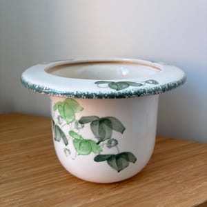 May include: A white ceramic planter with a wide, flat rim featuring a speckled green edge. The body of the planter is decorated with a delicate, watercolour-style botanical pattern of green leaves and small clusters of berries on a white background.