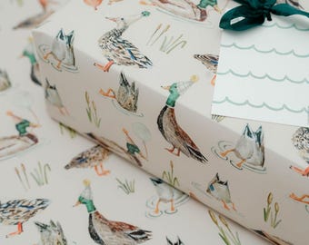 Birthday Duck Gift Wrap Roll- One Lucky Duck Birthday Party, Birthday Wrapping Paper, Illustrated Gift Wrap Sheets