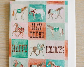 Horse Holiday Card, Hay There Greeting Card, Cute Illustrated Card, Happy Holidays Card, Blank Inside, Vintage Xmas Folded Card