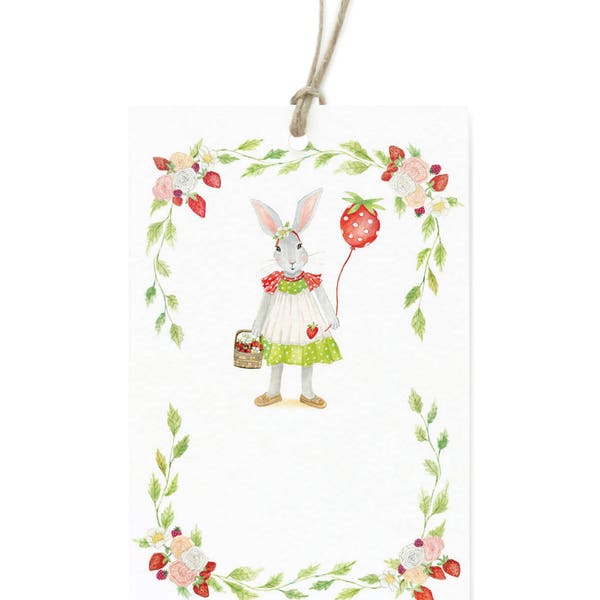 Strawberry Bunny Floral Wreath Gift Tag Set - Illustrated Cute Animal, Celebration, Kids Birthday Gift Tag