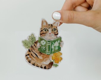 Reading Cat Sticker, Cute Sticker, Waterproof Vinyl for Laptop, Kindle, Water Bottle, Dishwasher Safe, Matte Computer Sticker, Book lover